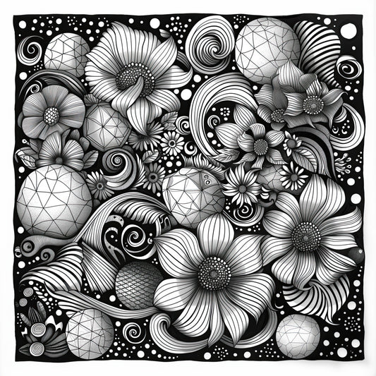 Botanical Whorls Coloring Poster featuring a fusion of organic floral curves and geometric polyhedral shapes, with playful dots and swirls, inviting vibrant coloring to enhance its abstract nature-inspired design.