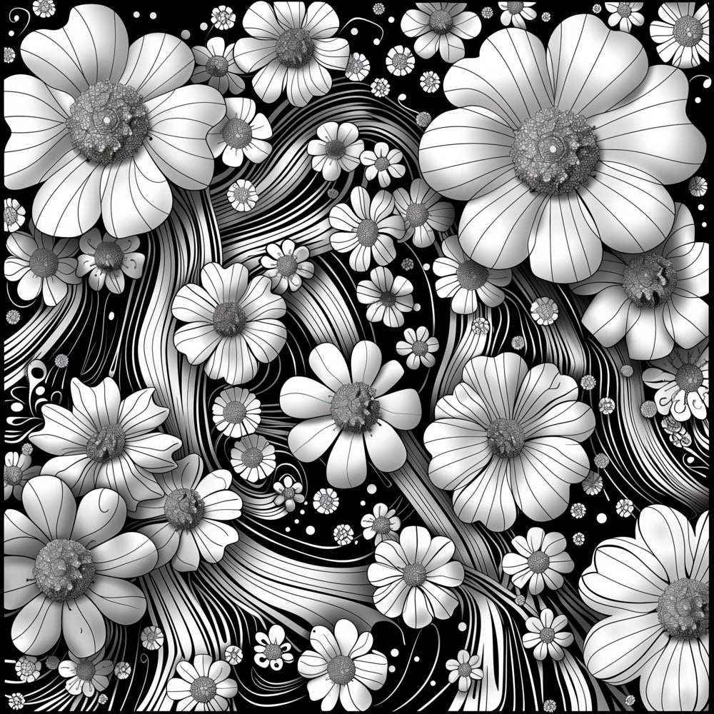 Floral Rhapsody Coloring Poster with abstract bold daisies and delicate blossoms, featuring flowing lines and rhythmic patterns, awaiting vibrant colors from pencils or markers.
