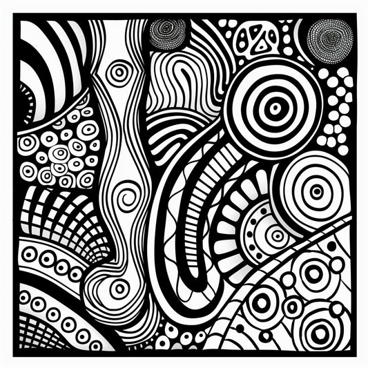 Enigmatic Patterns Coloring Poster from the Abstract Collection featuring intricate circles, spirals, and dynamic forms, designed for complex and captivating coloring.