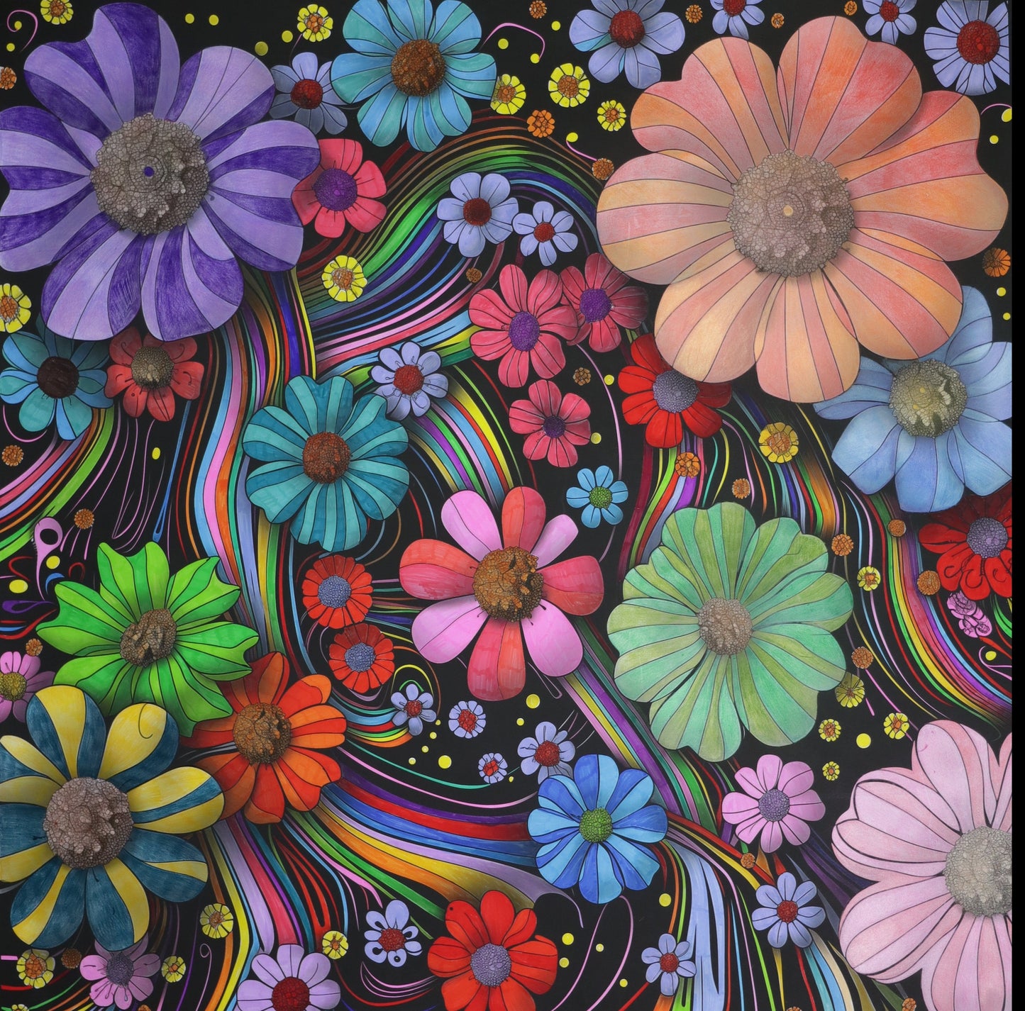"Floral Rhapsody colouring poster, intricately detailed and vibrantly coloured, showcasing an array of flowers and leaves. Perfect for adding a touch of nature and creativity to your décor."