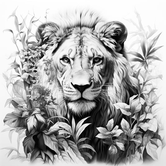 Fine Art - Leafy Lion Coloring Poster - Majestic Animal Art | iColor