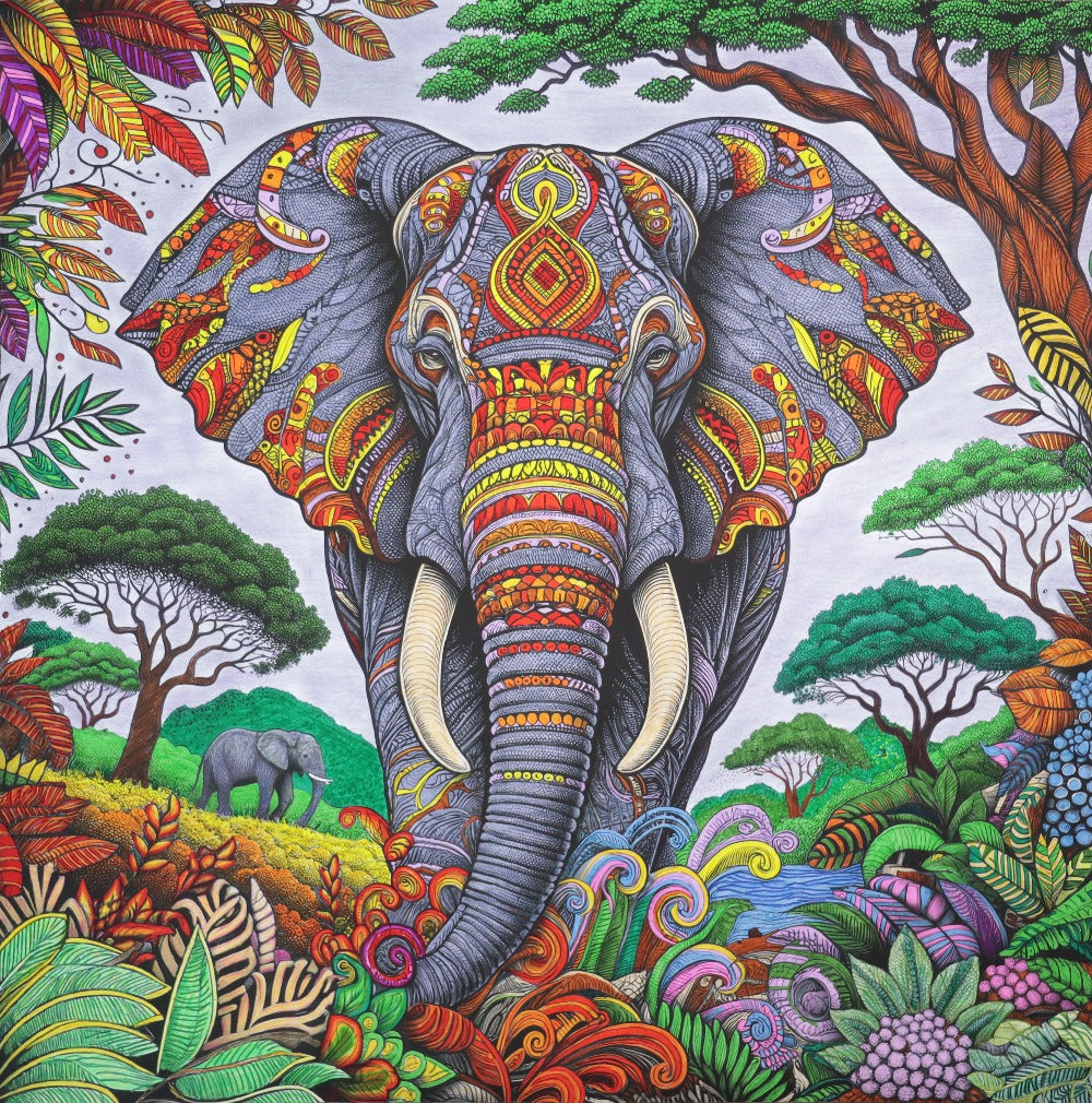 Tribal Elephant Coloring Poster - Majestic Animal Art | iColor