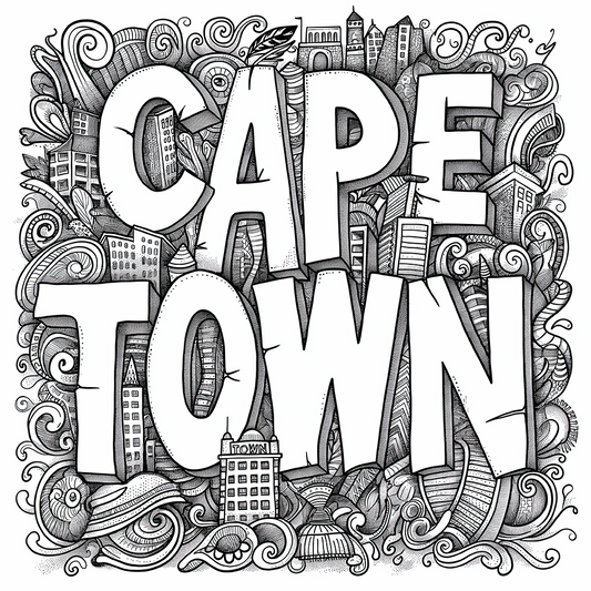Colorful Cape Town coloring poster featuring iconic buildings and swirling motifs inspired by Cape Town's dynamic spirit, from iColor's South Africa Collection.