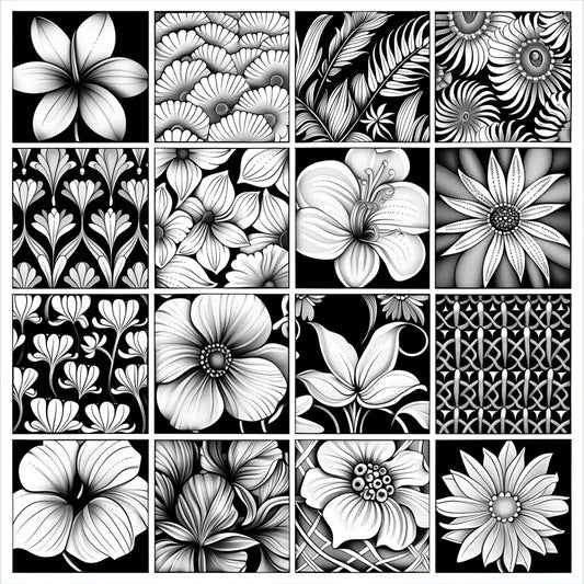"Botanical Zen Coloring Poster from the Zentangle Collection, featuring detailed flowers and leaves in a serene garden setting. Ideal for solo artists seeking tranquility or groups collaborating on a shared masterpiece. This poster invites you to bring each intricate panel to life with your colors, creating a harmonious blend of creativity and nature."