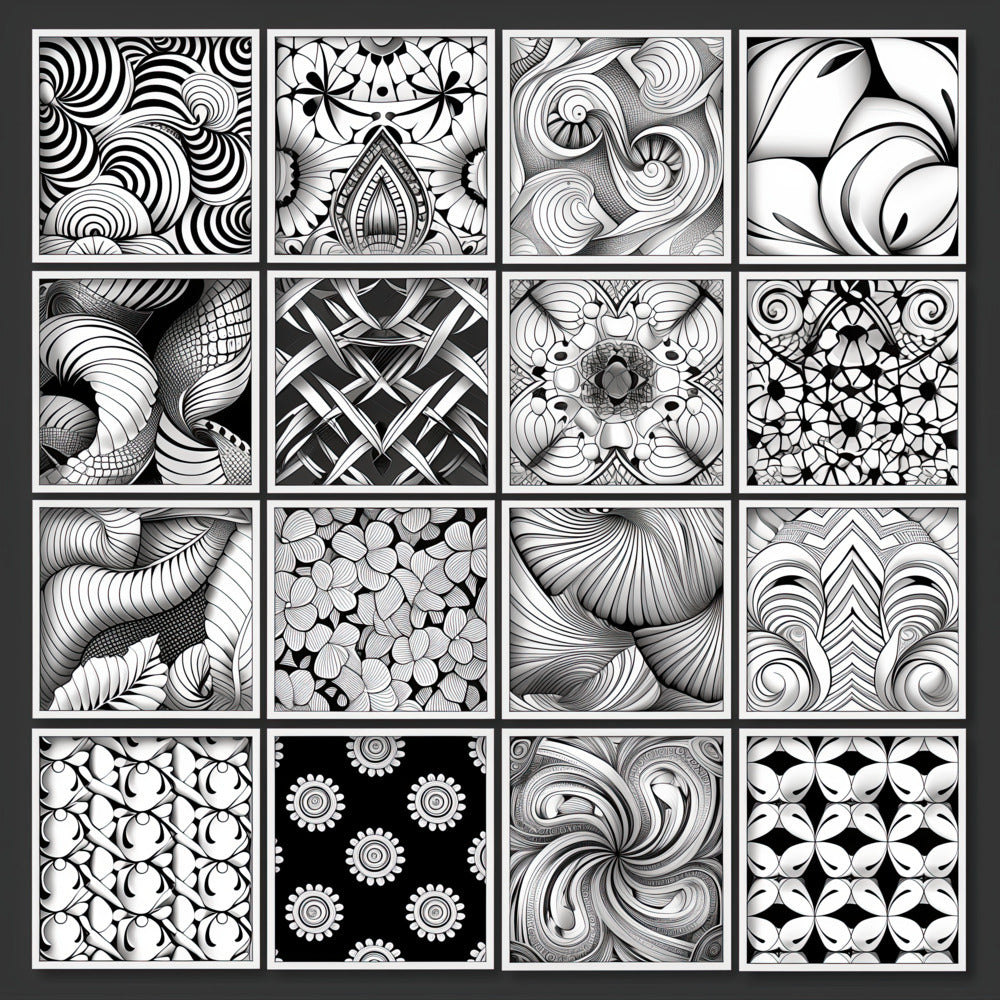 "Geometric Harmony Coloring Poster from the Zentangle Collection, featuring a captivating series of shapes and patterns in distinct squares. Perfect for individual relaxation or group coloring, this poster offers a versatile artistic experience. Explore a unique array of lines and forms to find calm and focus, ideal for those who find solace in the rhythmic beauty of geometric patterns."