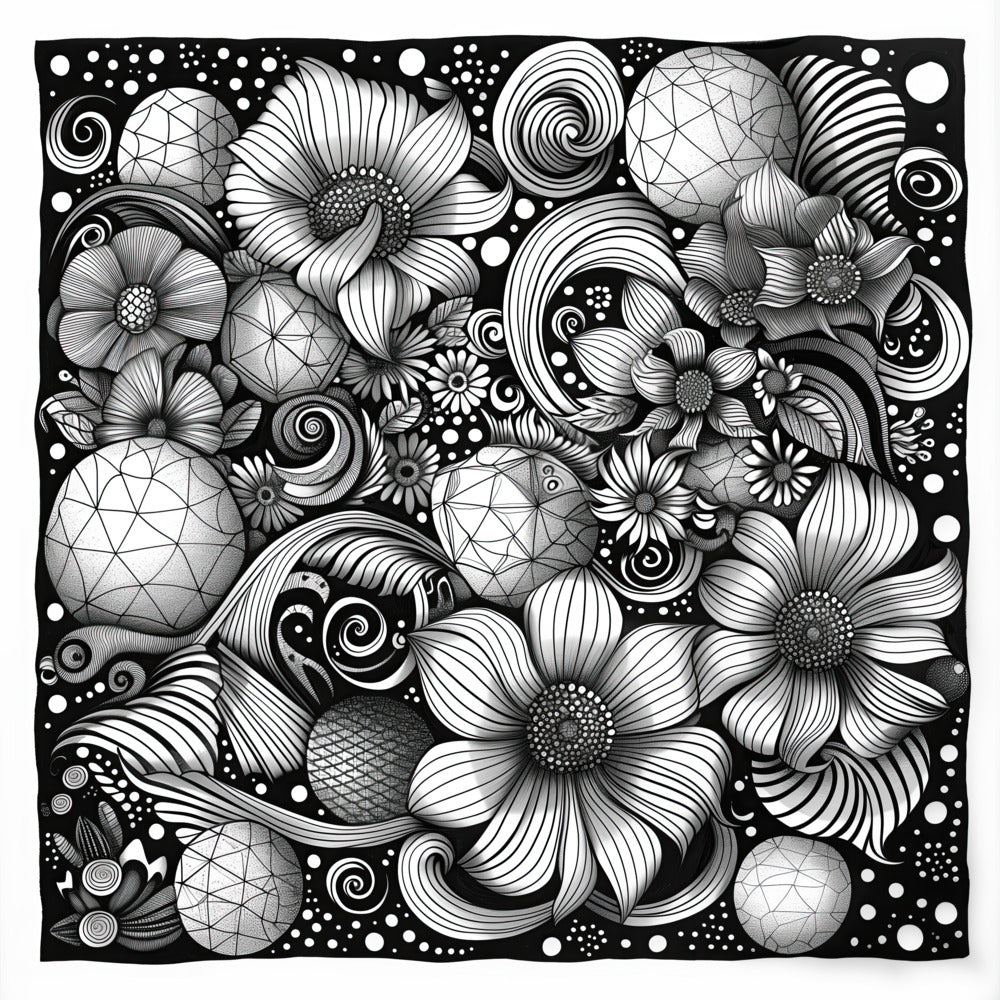 Botanical Whorls Colouring Poster featuring a fusion of organic floral curves and geometric polyhedral shapes, with playful dots and swirls, inviting vibrant colouring to enhance its abstract nature-inspired design.
