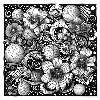 Botanical Whorls Colouring Poster featuring a fusion of organic floral curves and geometric polyhedral shapes, with playful dots and swirls, inviting vibrant colouring to enhance its abstract nature-inspired design.