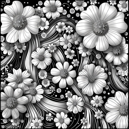 Floral Rhapsody Coloring Poster with abstract bold daisies and delicate blossoms, featuring flowing lines and rhythmic patterns, awaiting vibrant colors from pencils or markers.