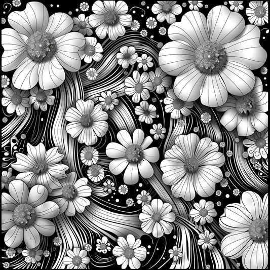 Floral Rhapsody Coloring Poster with abstract bold daisies and delicate blossoms, featuring flowing lines and rhythmic patterns, awaiting vibrant colors from pencils or markers.