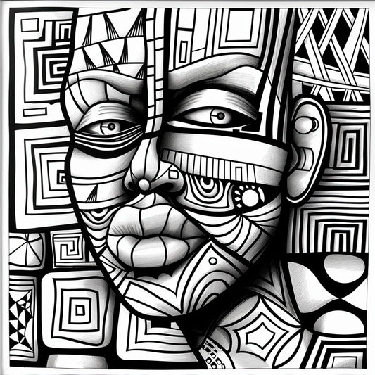 "Geometric Gaze Coloring Poster from the African Mask Collection, featuring bold facial features interlaced with geometric lines and shapes. Ideal for exploring African art and tradition, this poster invites you to add your choice of colors to its unique combination of squares, spirals, and triangles."