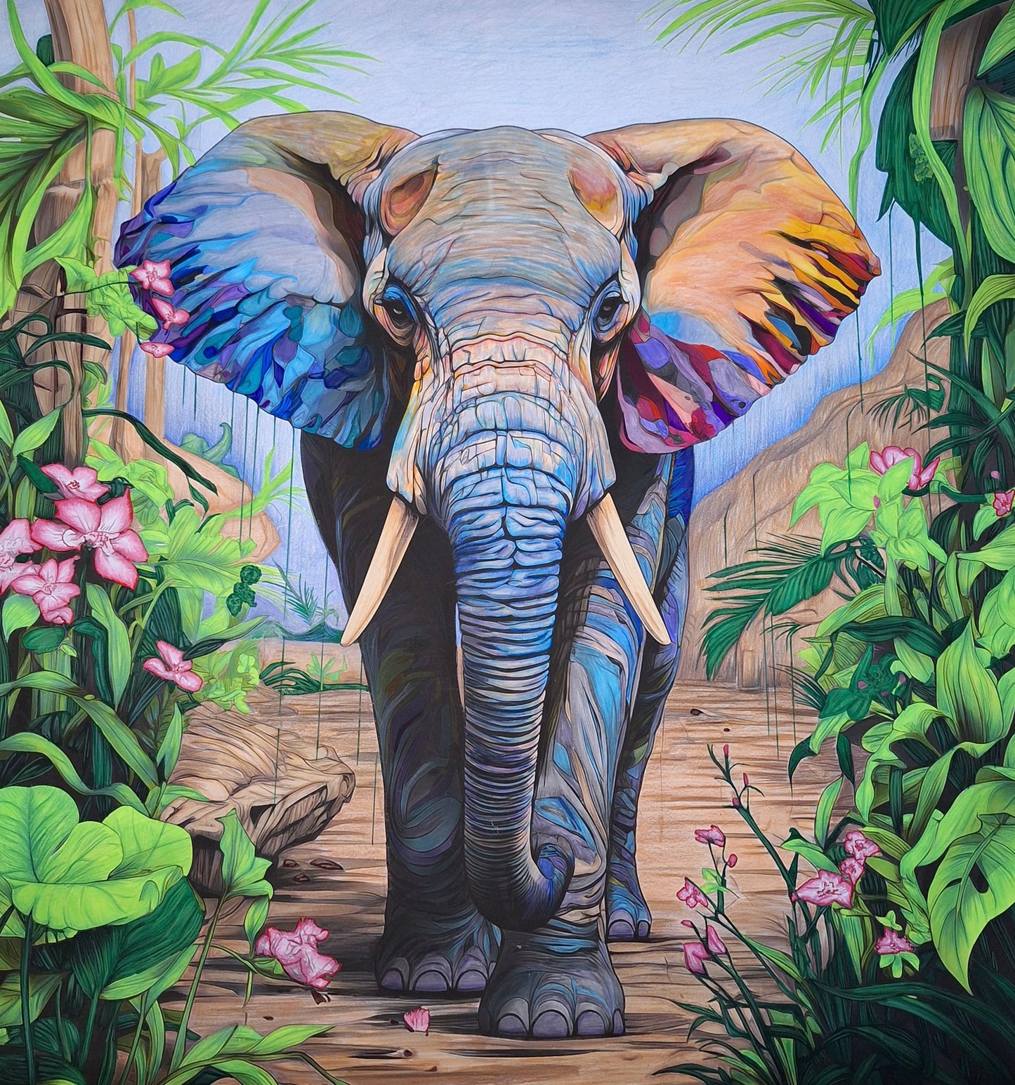 Colourful elephant painting in a jungle setting with vibrant foliage. Colouring Products
