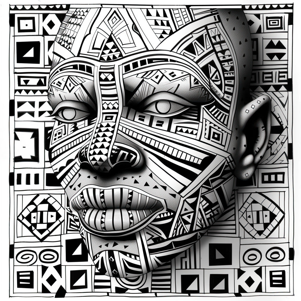 "Tribal Majesty Coloring Poster from the African Mask Collection, showcasing a striking design with tribal motifs and symbols. Encased in a bold border of traditional patterns, this poster invites colorists to explore the intricate pathways of African art. Ideal for those seeking a deeper connection with African culture, Tribal Majesty promises a unique journey with each shade applied."