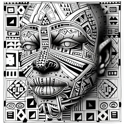 "Tribal Majesty Coloring Poster from the African Mask Collection, showcasing a striking design with tribal motifs and symbols. Encased in a bold border of traditional patterns, this poster invites colorists to explore the intricate pathways of African art. Ideal for those seeking a deeper connection with African culture, Tribal Majesty promises a unique journey with each shade applied."