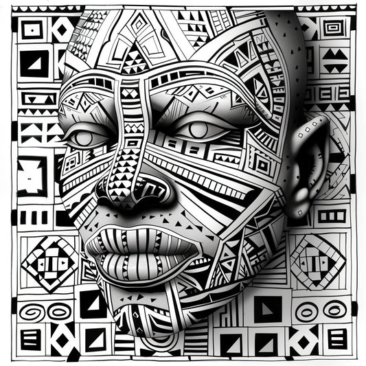 "Tribal Majesty Coloring Poster from the African Mask Collection, showcasing a striking design with tribal motifs and symbols. Encased in a bold border of traditional patterns, this poster invites colorists to explore the intricate pathways of African art. Ideal for those seeking a deeper connection with African culture, Tribal Majesty promises a unique journey with each shade applied."