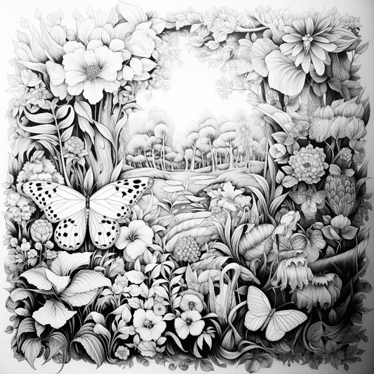Vibrant "Butterfly Meadow" coloring poster capturing a delicate butterfly amidst verdant greenery, part of iColor's scenery art collection for nature enthusiasts.
