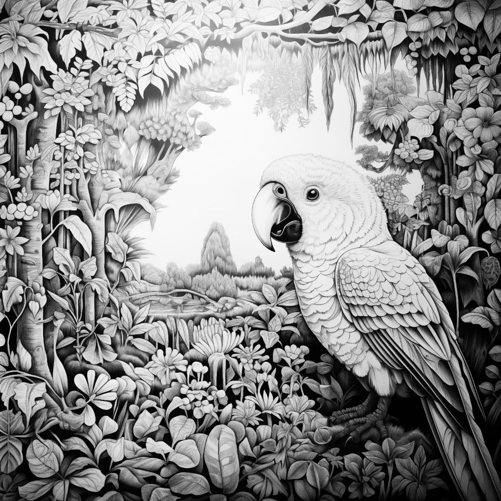 Detailed African Jungle Parrot line art colouring poster for adults, featuring exotic wildlife and floral patterns, perfect for art therapy and home decor by iColor.