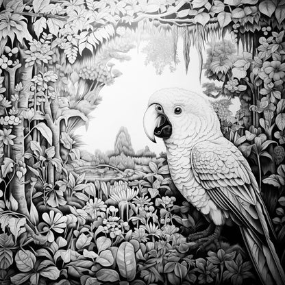 Detailed African Jungle Parrot line art colouring poster for adults, featuring exotic wildlife and floral patterns, perfect for art therapy and home decor by iColor.