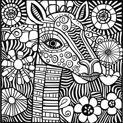 Zany Zebra Coloring Poster featuring a friendly zebra amidst vibrant flowers and bold sun-like patterns, designed for kids and the young at heart to spark creativity and explore artistic adventures.