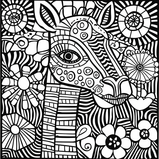Zany Zebra Coloring Poster featuring a friendly zebra amidst vibrant flowers and bold sun-like patterns, designed for kids and the young at heart to spark creativity and explore artistic adventures.