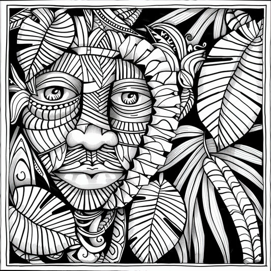 Jungle Jamboree Coloring Poster featuring lush foliage and intricate patterns, designed for group coloring and collaborative projects. Perfect for family bonding, parties, or classroom activities, this poster invites participants to add color and bring the jungle to life.