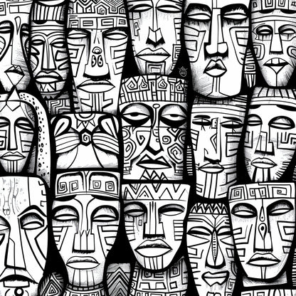 Faces of Folklore Coloring Poster featuring a collection of African masks with tribal lines and stylized expressions, ideal for group coloring activities or individual exploration of cultural themes.