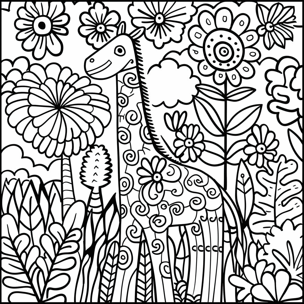 Garden Gala Coloring Poster featuring a cheerful giraffe amid a floral fantasia, perfect for kids. Ideal for solo or group coloring sessions, this playful poster invites young artists to explore colors, shapes, and creativity