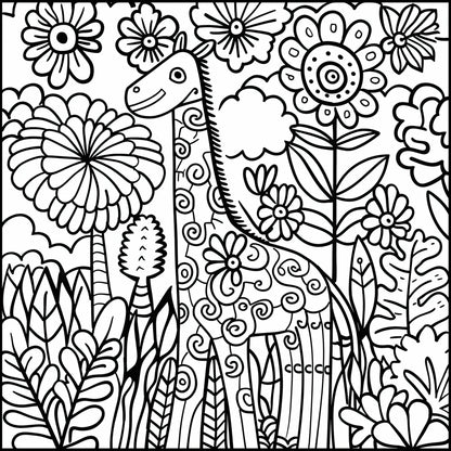 Garden Gala Coloring Poster featuring a cheerful giraffe amid a floral fantasia, perfect for kids. Ideal for solo or group coloring sessions, this playful poster invites young artists to explore colors, shapes, and creativity