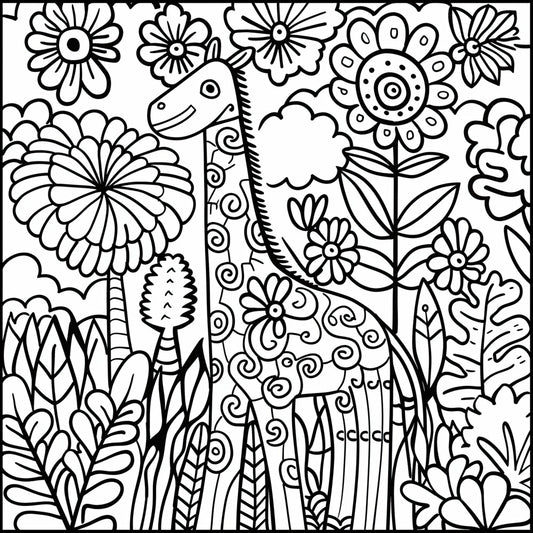 Garden Gala Coloring Poster featuring a cheerful giraffe amid a floral fantasia, perfect for kids. Ideal for solo or group coloring sessions, this playful poster invites young artists to explore colors, shapes, and creativity