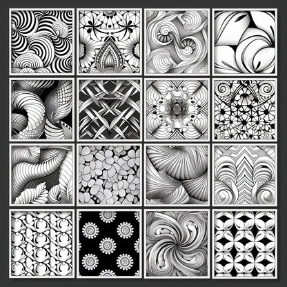 "Geometric Harmony Coloring Poster from the Zentangle Collection, featuring a captivating series of shapes and patterns in distinct squares. Perfect for individual relaxation or group coloring, this poster offers a versatile artistic experience. Explore a unique array of lines and forms to find calm and focus, ideal for those who find solace in the rhythmic beauty of geometric patterns."