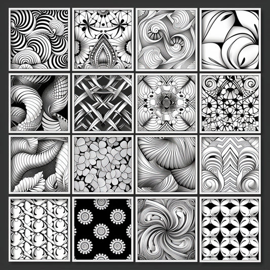 "Geometric Harmony Coloring Poster from the Zentangle Collection, featuring a captivating series of shapes and patterns in distinct squares. Perfect for individual relaxation or group coloring, this poster offers a versatile artistic experience. Explore a unique array of lines and forms to find calm and focus, ideal for those who find solace in the rhythmic beauty of geometric patterns."
