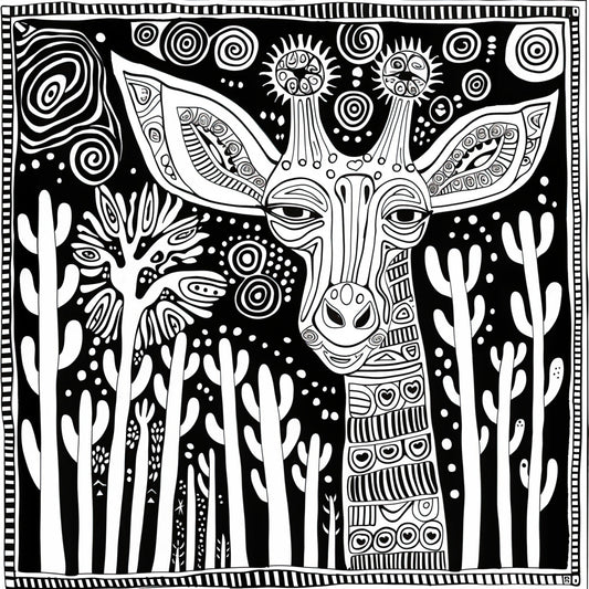 Giraffe's Day Out Coloring Poster for kids featuring a cheerful giraffe amid whimsical trees and celestial patterns, perfect for individual or group coloring. Ideal for exploring imaginative scenes and experimenting with vibrant colors.